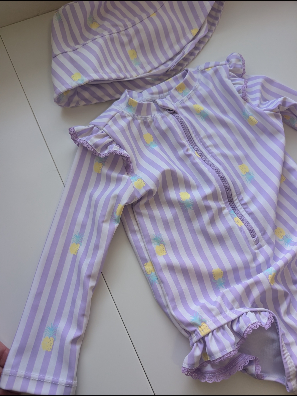 Lilac Striped Pineapple Rash Guard Swimsuit with Hat